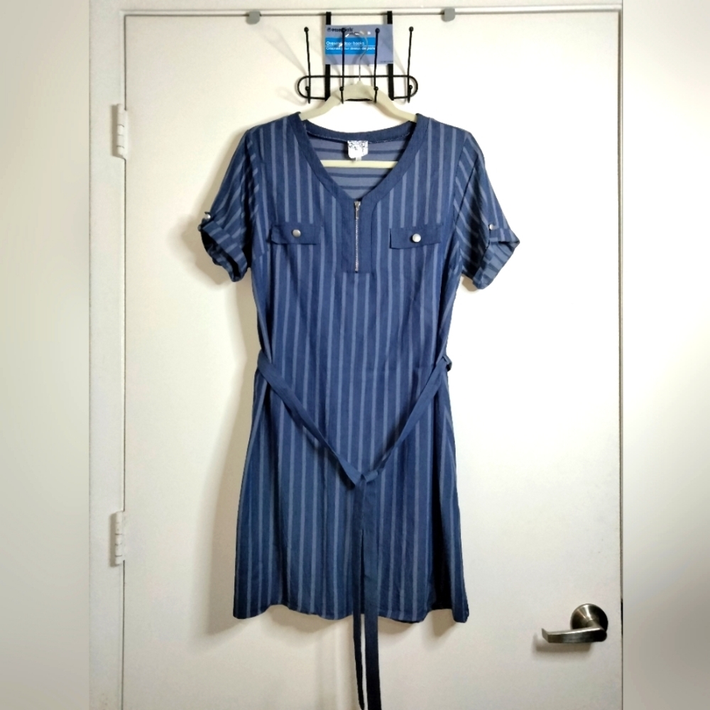 NAIF (Size L) Blue Chambray Striped Pattern Half Zip Popover Belted Dress